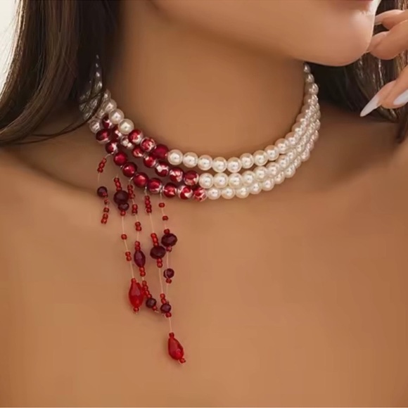 Anthropologie Jewelry - Pearl Scarlet Red Blood Crystal Choker – Queen’s Statement Necklace
